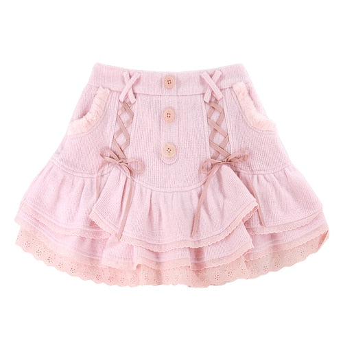 Kawaii Lolita Mini Skirt Women Winter Lace Casual Elegant Sweet Female Skirt
