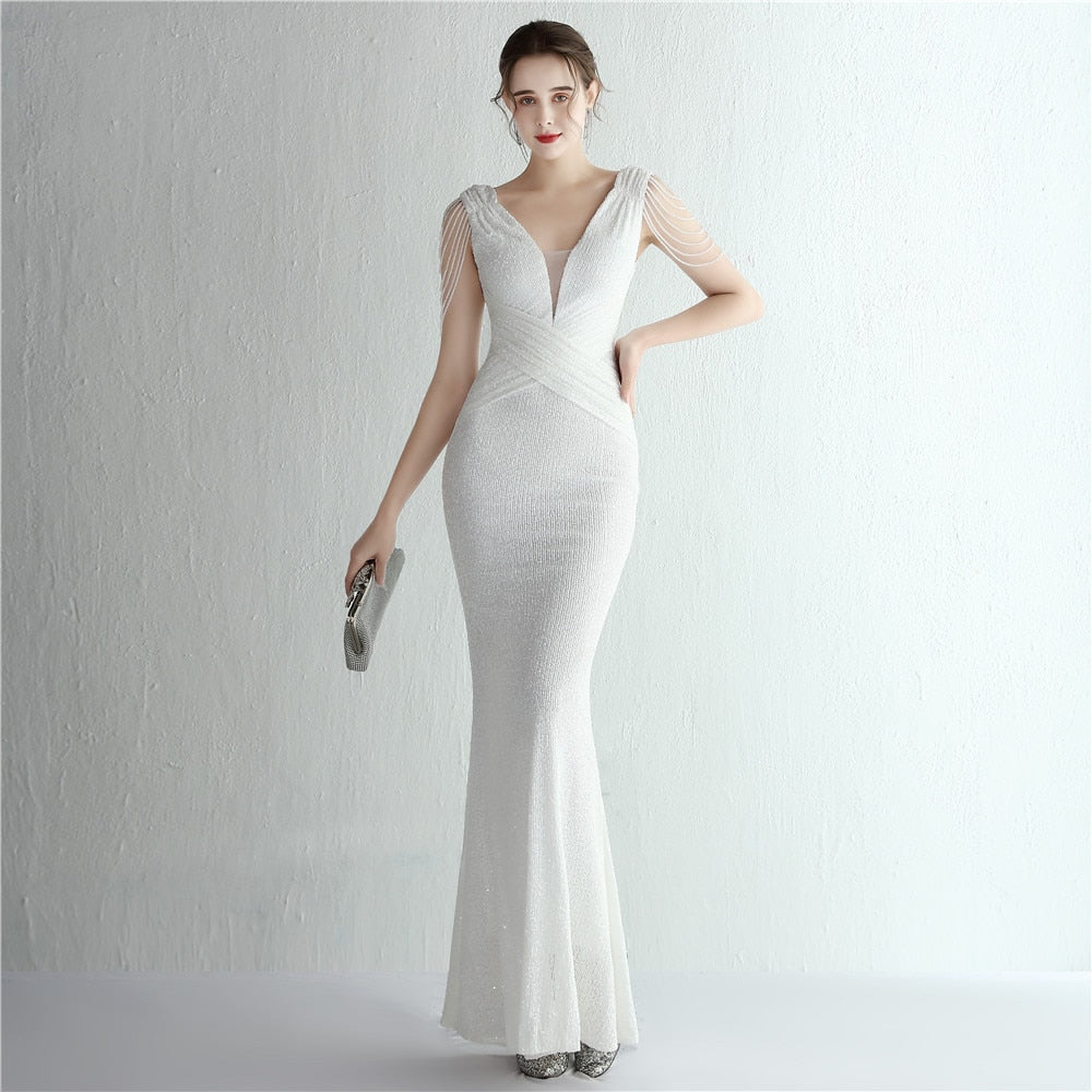 Evening wear Dresses: Evening Dress Long Mermaid Deep V Neck Sequins Maxi
