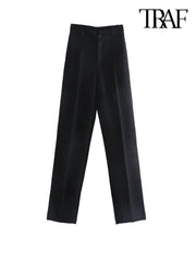 Women Chic Fashion Office Wear Straight Pants Vintage High Waist Zipper