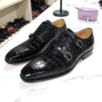 Luxury Italian Mens Leather Pointed Toe Shoes Double Buckles