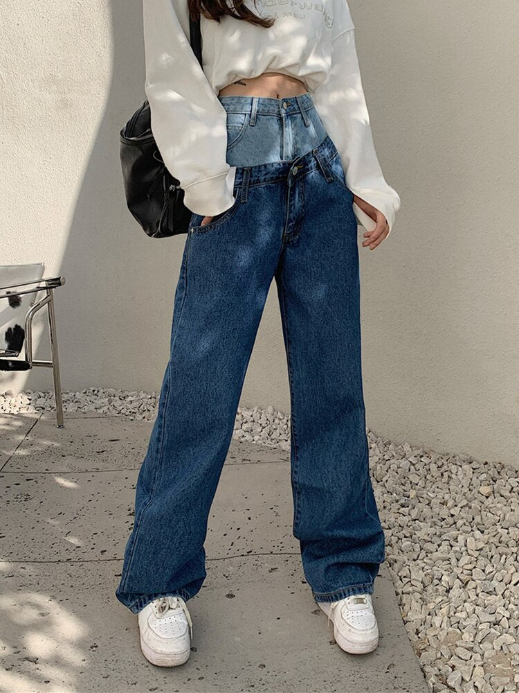 Stylish Fake Two Piece Jeans Women Patchwork Daddy Pants Female Baggy Jeans