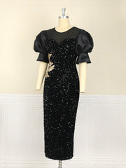 Black Dresses Velvet Embroidery Chest Wrapped Puff Sleeve Sparkly Dress