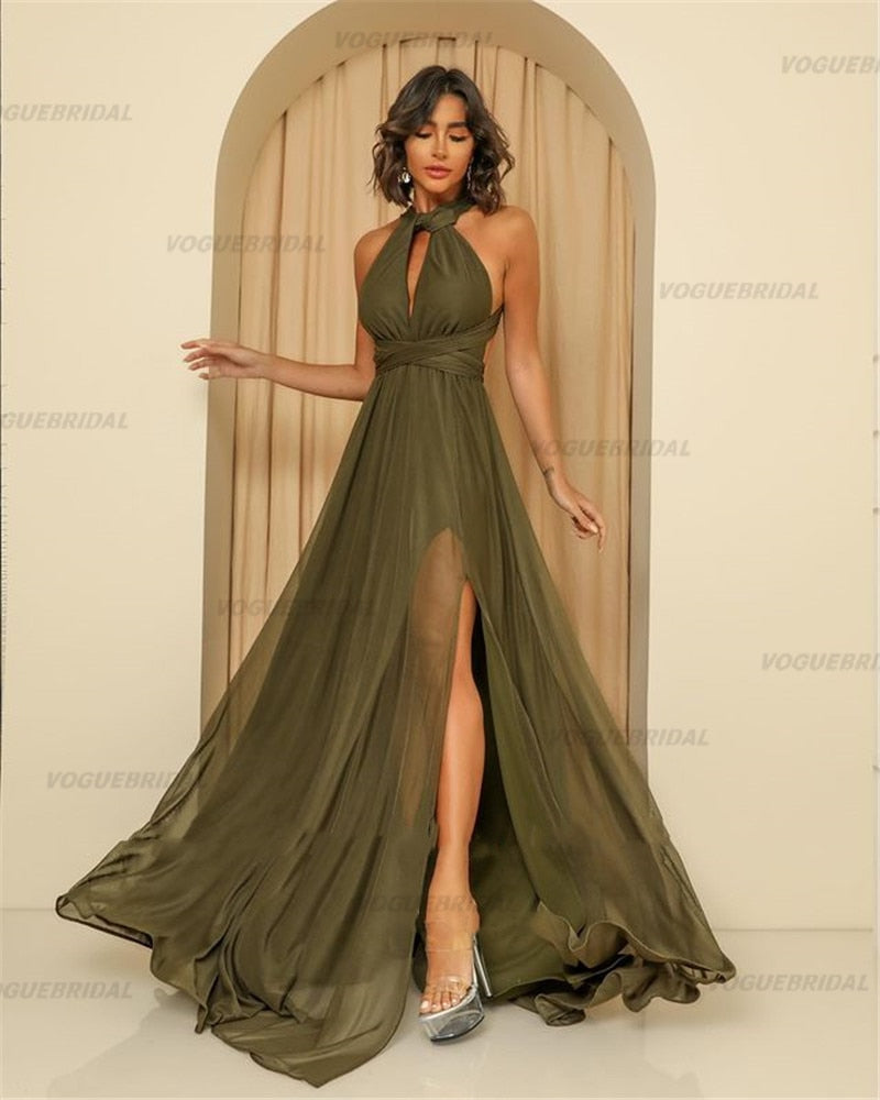 Evening wear Dresses: Long Prom Dresses Jewel Neck Side Slit Criss Cross Simple