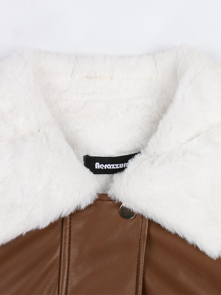 Winter Long Loose Casual Thick Warm Brown Black Pu Leather Coats