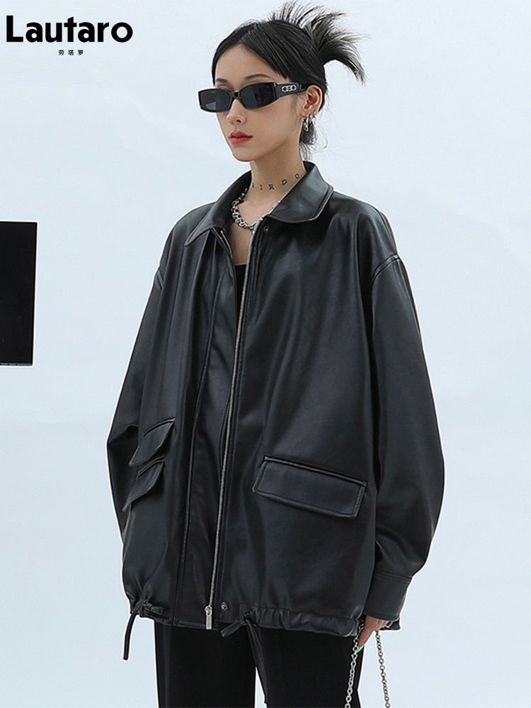 Spring Autumn Oversized Casual Waterproof Black Soft Pu Leather Jacket