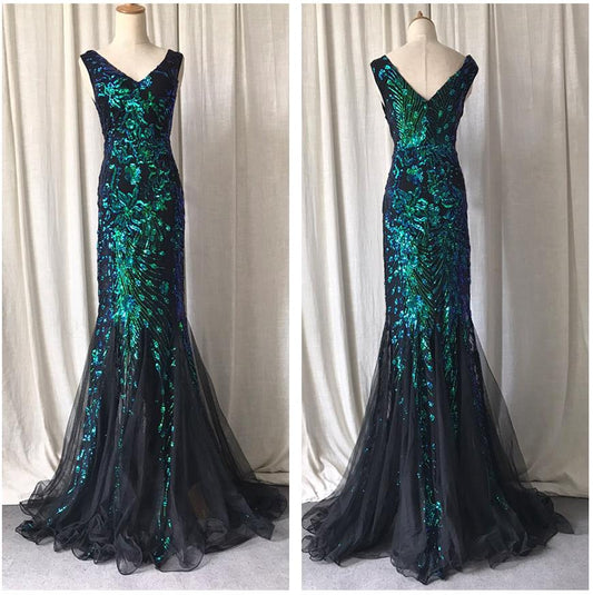 Evening wear Dresses: Green Mermaid Evening Dresses Floral Lace Prom Gown