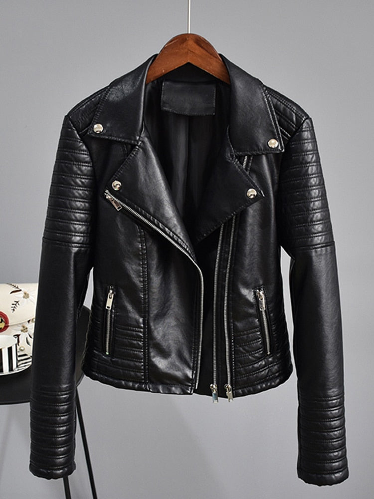 Leather Jacket Women Turndown Collar Pu Motorcycle Black Punk Coat