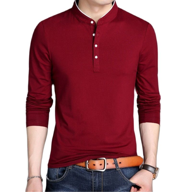 Spring Men Long Sleeve T Shirts Half Buttons Stand Collar Cotton