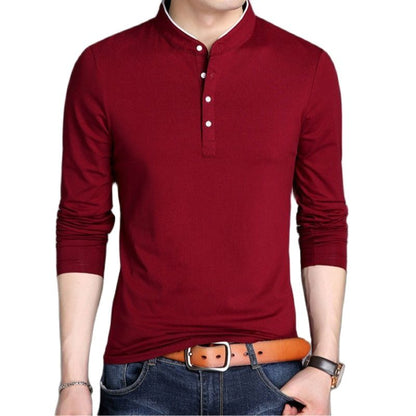 Spring Men Long Sleeve T Shirts Half Buttons Stand Collar Cotton