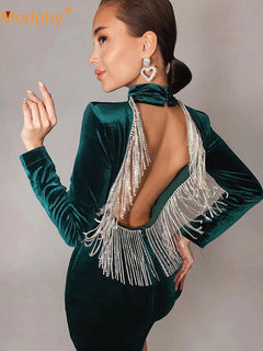 Diamond Tassel Velvet Dress Women Long Sleeve Bodycon Mini Club Celebrity