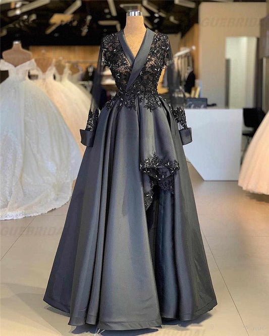 Lace Applique A-Line Evening Dress Long Sleeves Satin Formal Prom Gowns