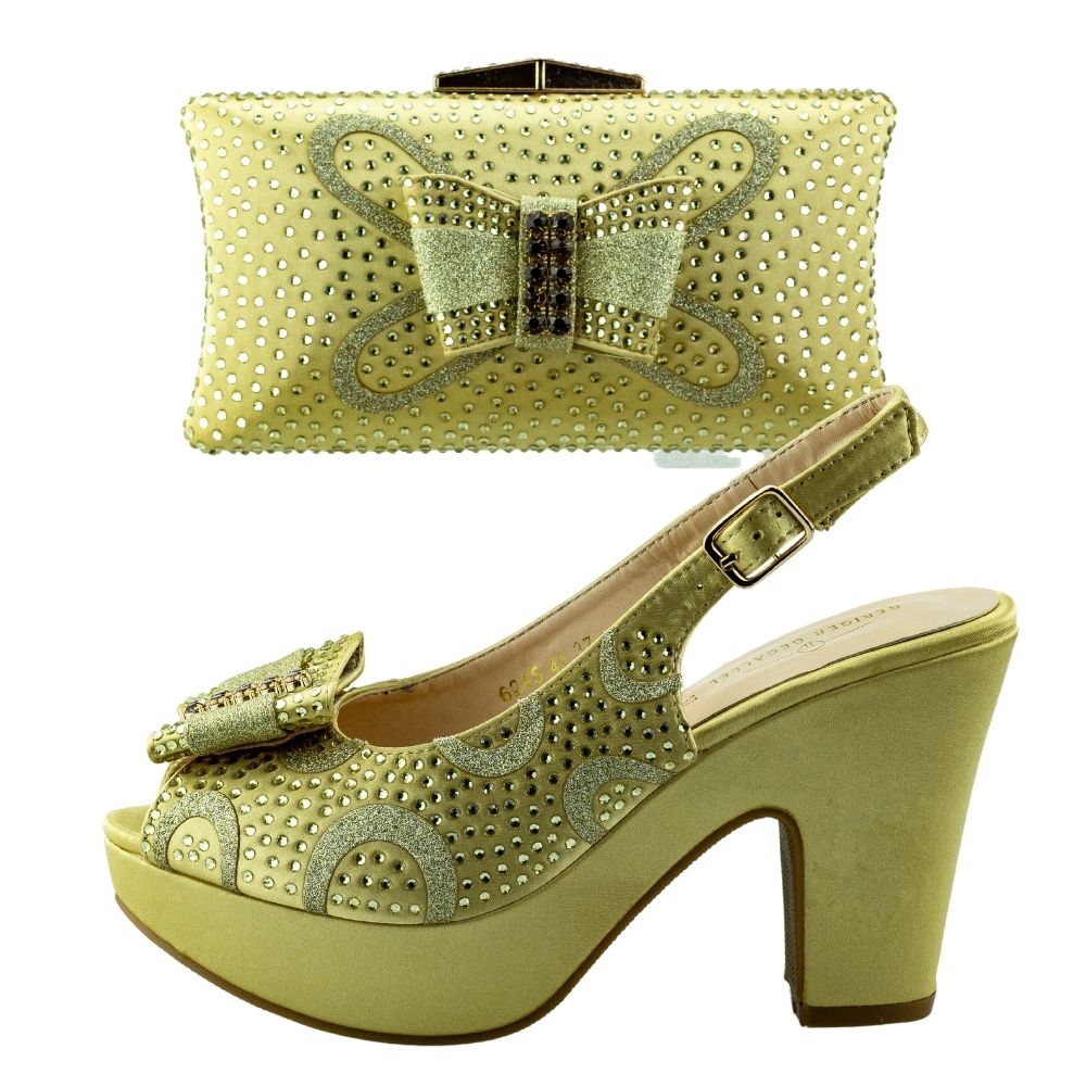 Rhinestone Chunky Heels with Matching Clutch Purse Ladies Shoes and Handbag