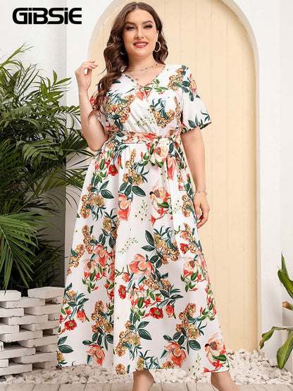 Plus Size V Neck Floral Print Boho Dress Women Summer Short Sleeve Maxi Dresses