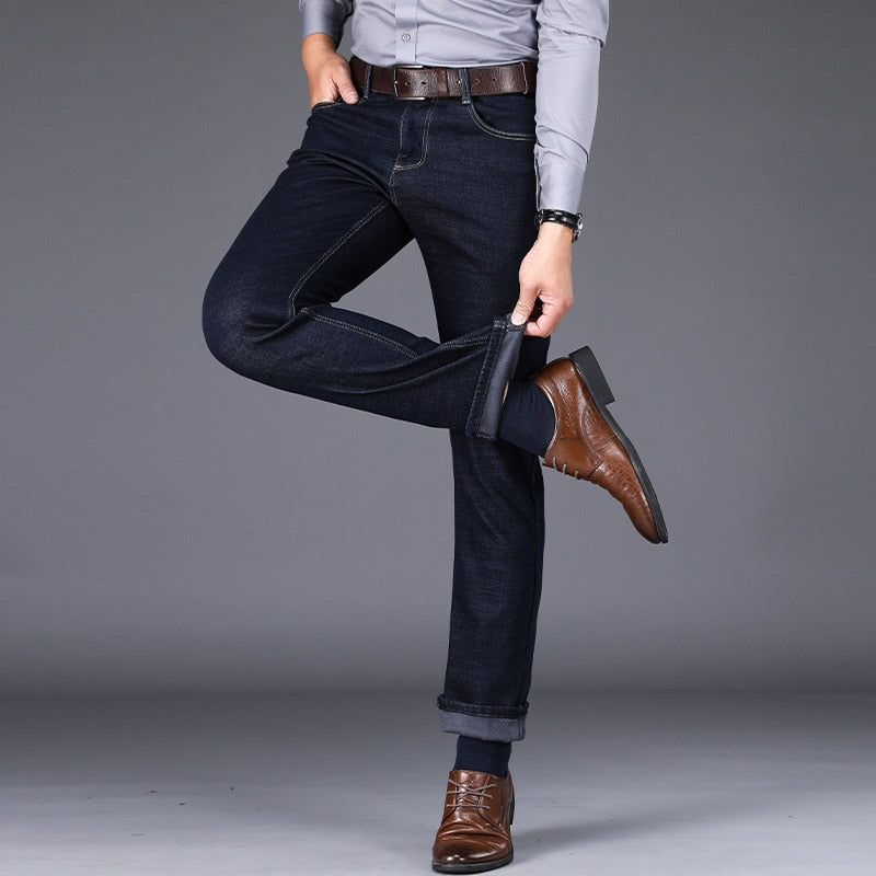 Men Fleece Warm Jeans Classic Style Business Casual