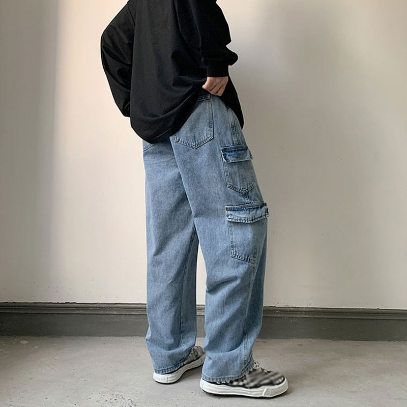 Baggy Men Jeans Straight Cargo Pants Spring Autumn Fashion Vintage Blue Denim