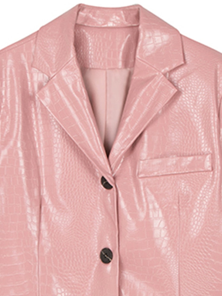 Lautaro Spring Autumn Black Pink Shiny Reflective Crocodile Print Pu Leather Coats
