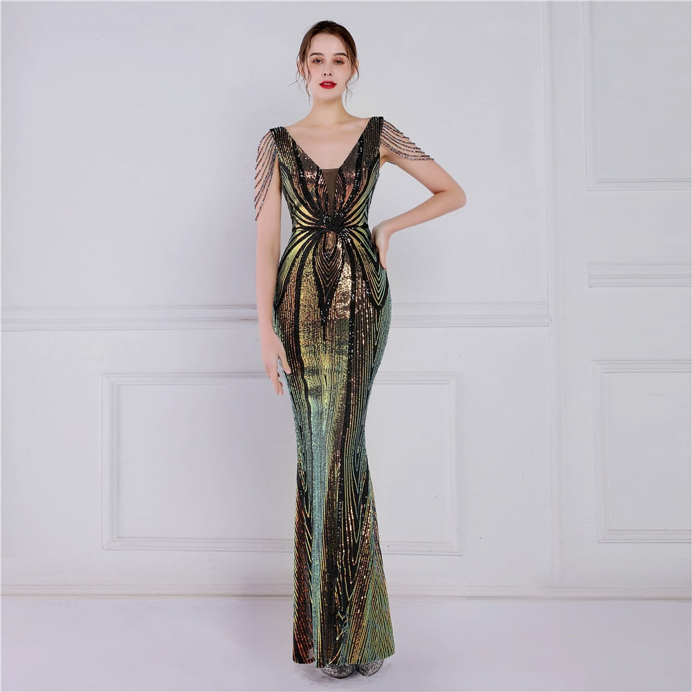 Green Sequin Long Evening Dress Luxury Beading Formal Dress Women Elegant