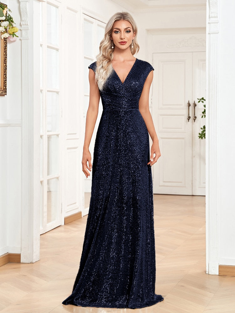 Evening wear Dresses: Women Elegant V-neck Mermaid Evening Dress Floor Length