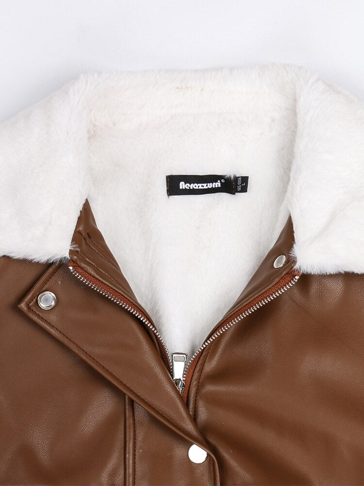 Winter Long Loose Casual Thick Warm Brown Black Pu Leather Coats