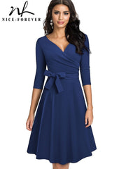 Spring Pure Color with Sash Retro Dresses Cocktail Party Flare Swing Women Dress