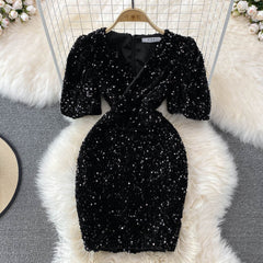 Gray Vintage Glittering Sequin Dresses Slim Cross V-neck Short Sleeve