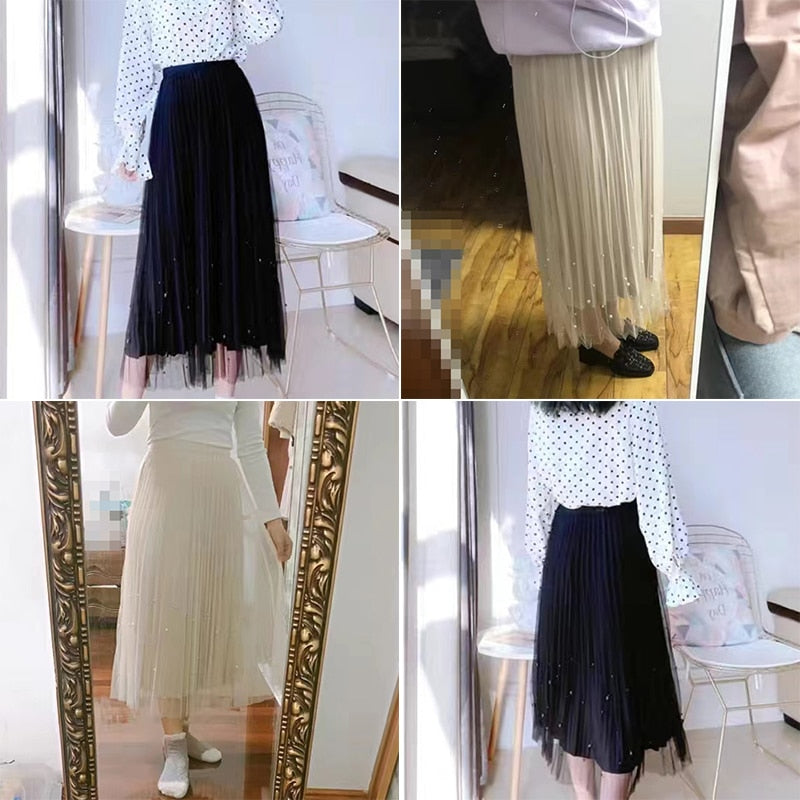 Rimocy Both Sides Wear Pearls Mesh Skirt Women Summer Velvet High Waist
