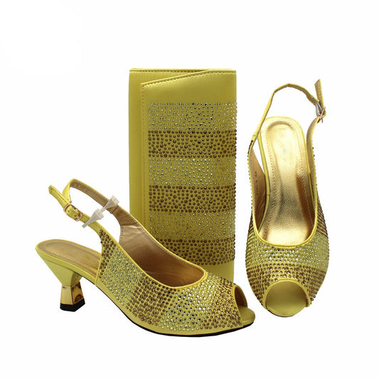 Comfortable Heels Women Shoes Matching Bag Set in Gold