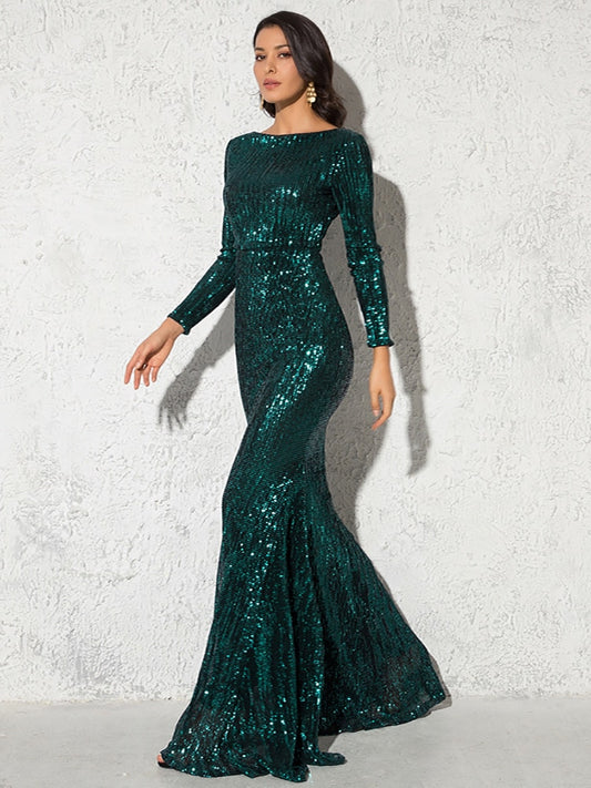 Evening wear Dresses: Mermaid Sequin Evening Gown Burgundy O Neck Stretch