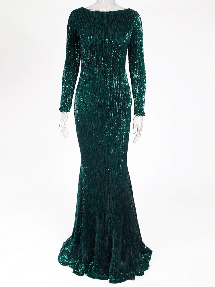 Evening wear Dresses: Mermaid Sequin Evening Gown Burgundy O Neck Stretch