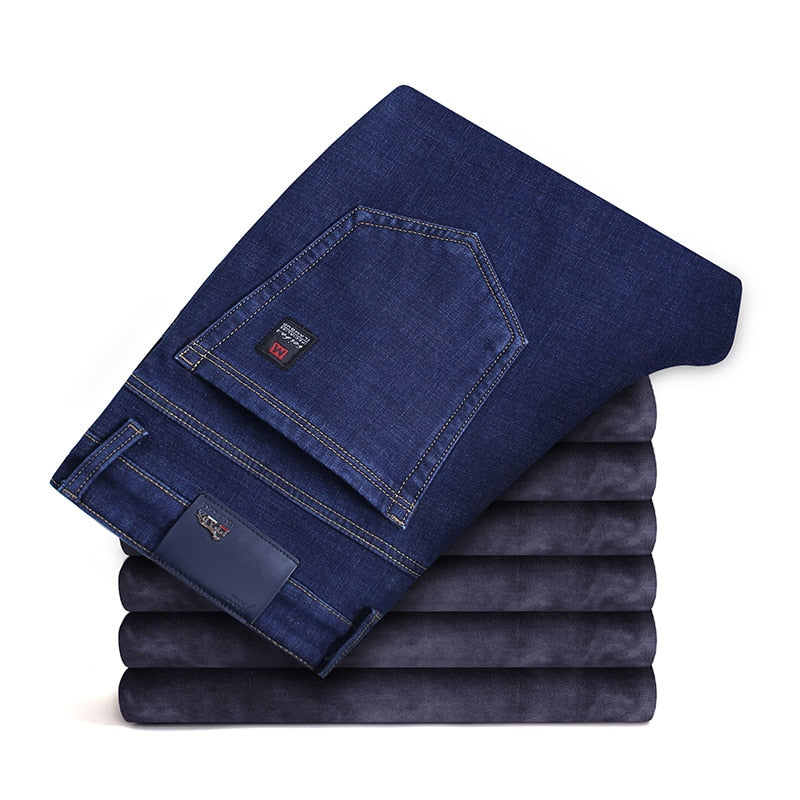 Men Fleece Warm Jeans Classic Style Business Casual