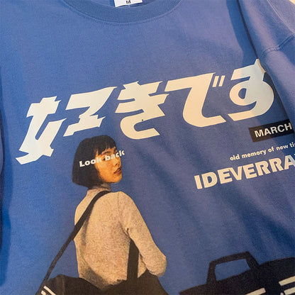 Short Sleeve Cotton T-shirt Girl Japanese Kanji Graphic Oversize Tshirt Women