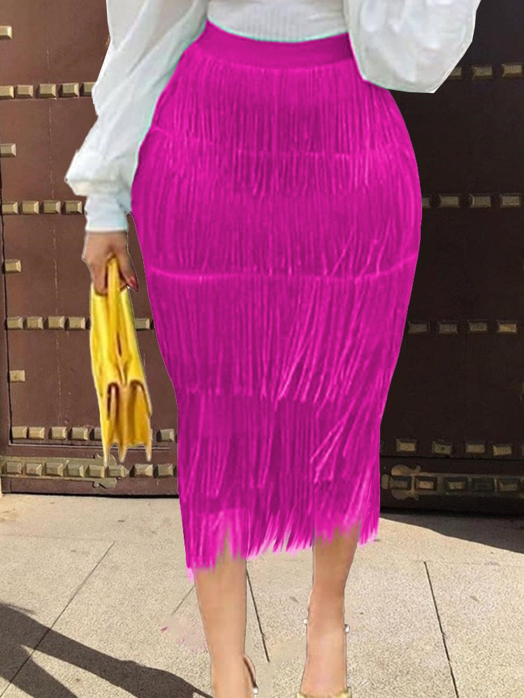 Women Fringe Bodycon Pencil Skirts Black Tassel High Waist Stretch Sheath Midi