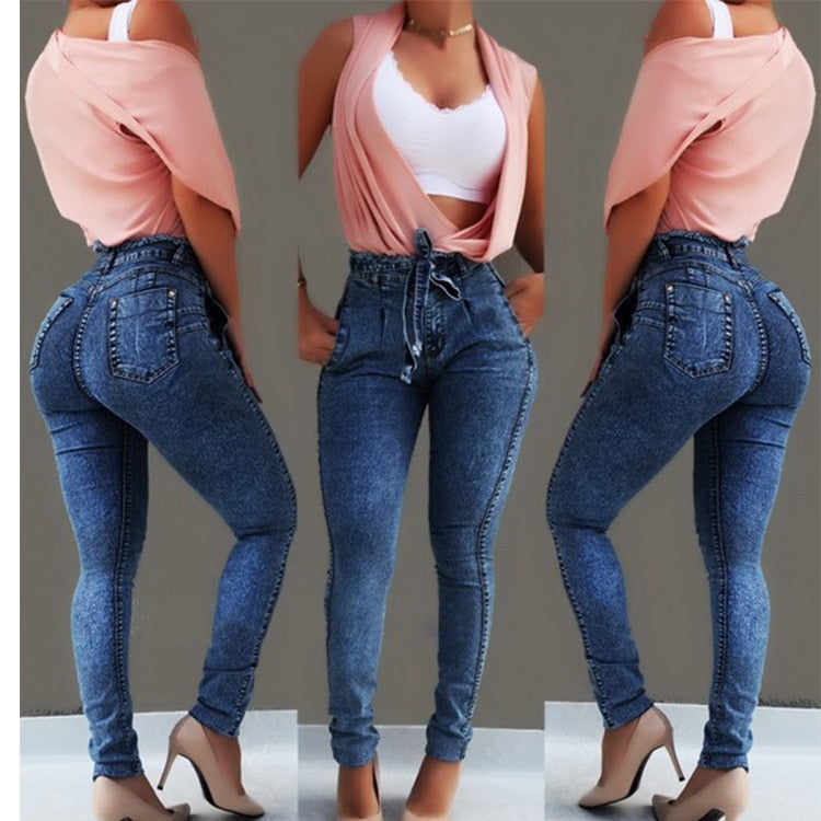 High Waist Jeans For Women Slim Stretch Denim Jean Bodycon Tassel Belt