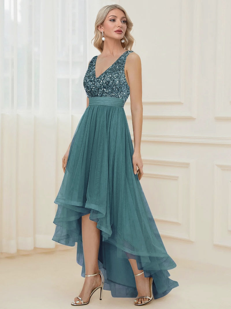 Evening wear Dresses: V-Neck Sleeveless Sequin Floor Length Evening Dress Red
