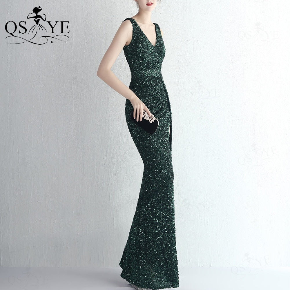 Homecoming Dresses: Sequin Prom Dresses Split Evening Gown Shiny Sleeveless