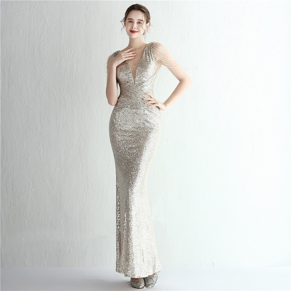 Evening wear Dresses: Evening Dress Long Mermaid Deep V Neck Sequins Maxi