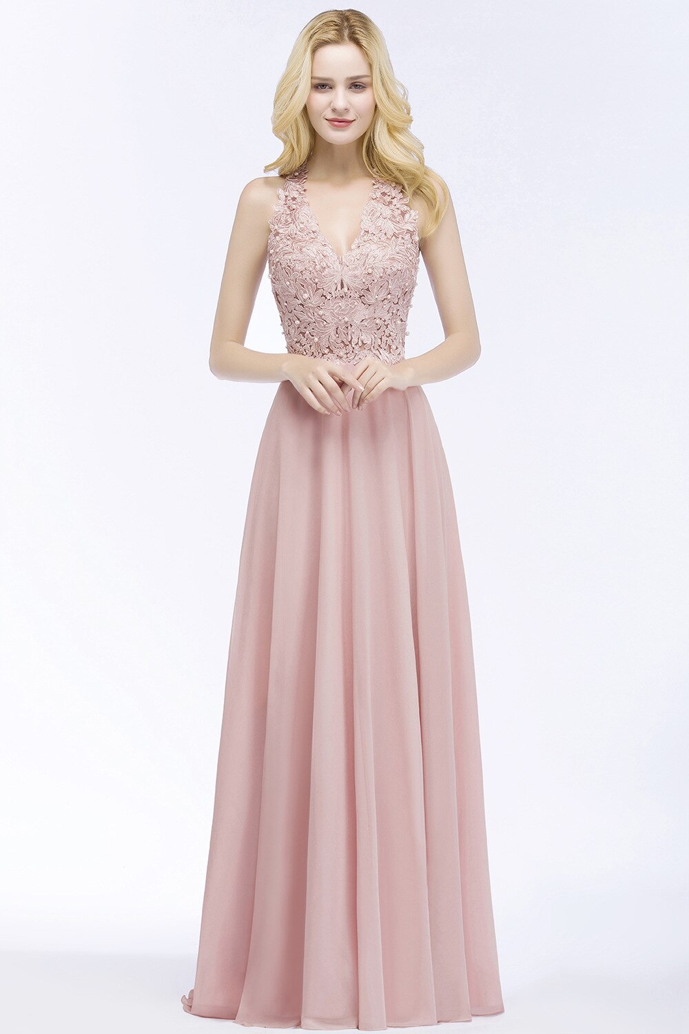 Pink Prom Dress V Neckline Lace Appliques Crystal Stones Beads