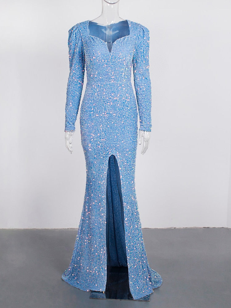 Evening wear Dresses: Sky Blue Long Sleeve Mermaid Wedding Gown Shiny