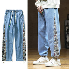 Men Jeans Baggy Pants Fashion Bear Patchwork Wide