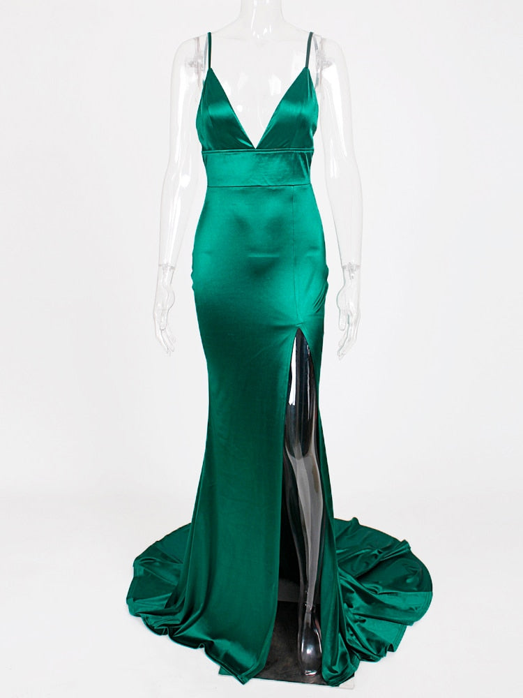 Evening wear Dresses: Red Evening Gown Strappy Split Leg Floor Length Long