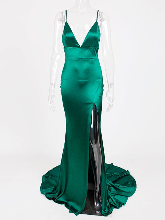 Evening wear Dresses: Red Evening Gown Strappy Split Leg Floor Length Long