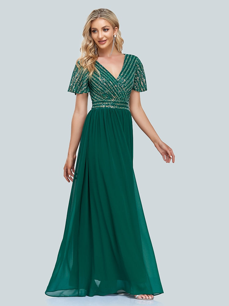 Homecoming Dresses: Women short sleeved V-neck Sequin stitched Chiffon A-line