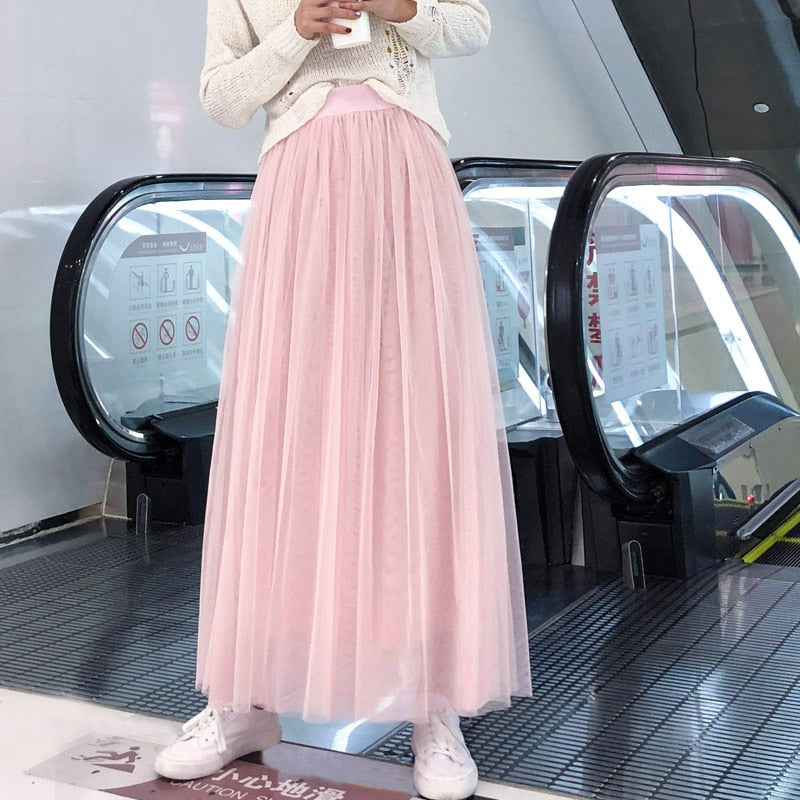 Vintage Bohemian Tulle Long Skirt Women Elastic High Waist  A-line Pleated Mesh