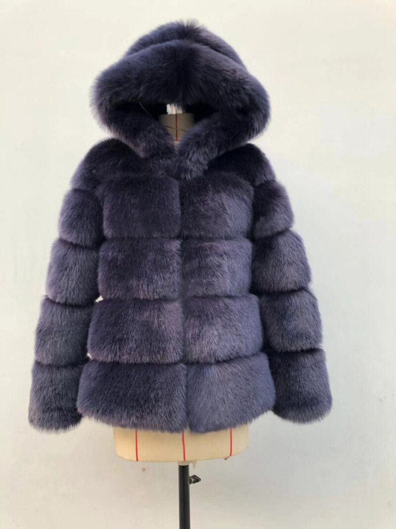 Winter Thick Warm Faux Fur Coat Women Furry Hooded Long Sleeve Faux Fur