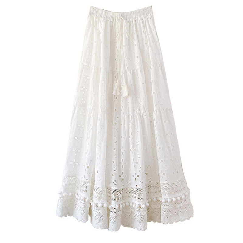 Cotton White Pleated Skirt Boho Casual Summer Women Long Skirts Eyelet