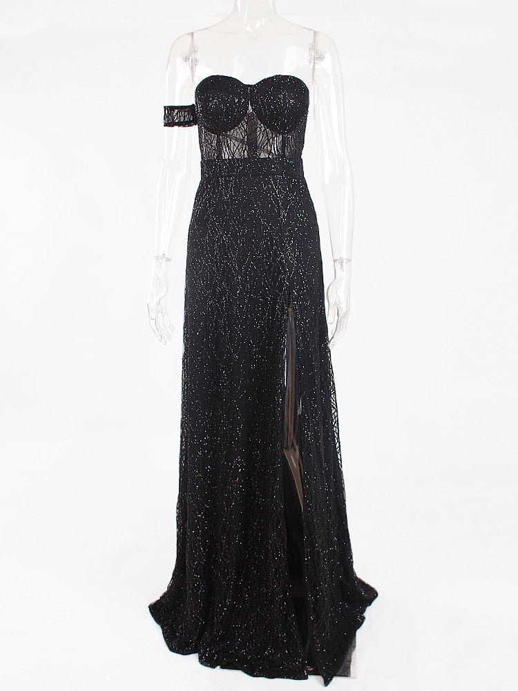 One Sleeve Strapless Long Ball Gown Split Leg Hollow Out Padded Black Glittered