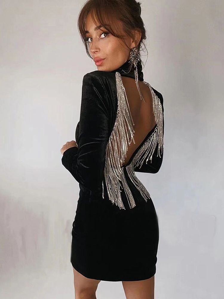 Diamond Tassel Velvet Dress Women Long Sleeve Bodycon Mini Club Celebrity