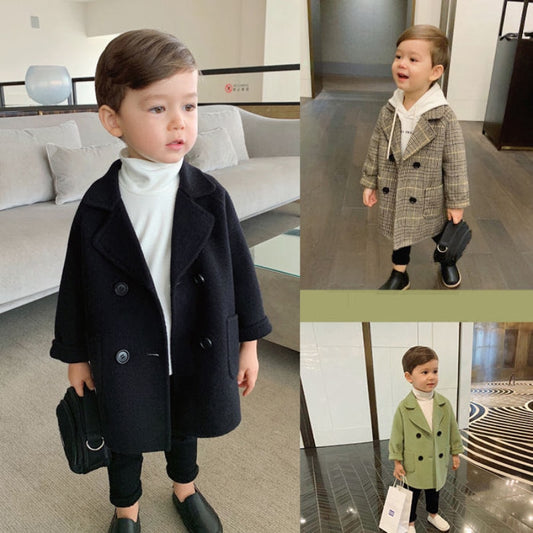 Winter Grid Jackets Boys Girl Woolen Double-breasted Baby Boy Trench Coat Lapel