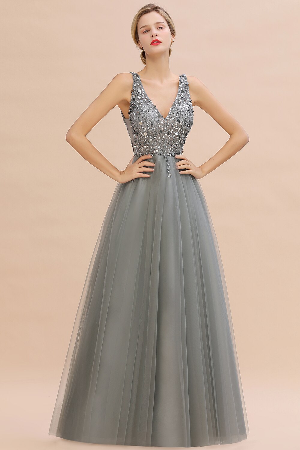 Homecoming Dresses: Deep V Neck Prom Dresses Sequins Beads Tulle Evening Dress