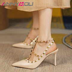 Genuine Leather Slingbacks Shoes Women Pointed Toe Thin Heels